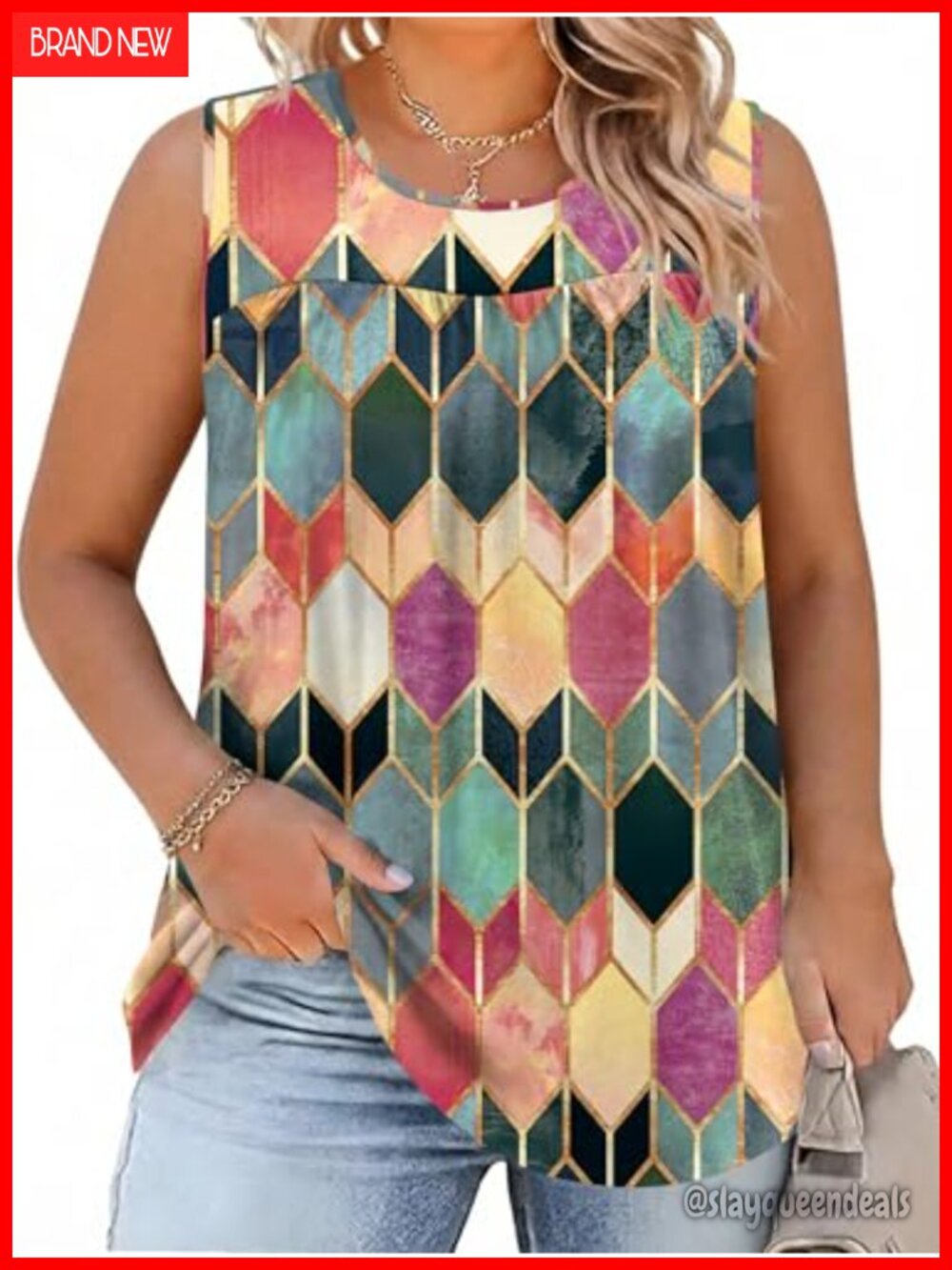 Womens Plus Size Loose Fit Sleeveless Crewneck Tank Top Pleated Summer Tunic Tee